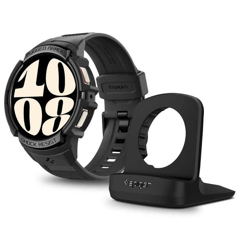 Spigen Rugged Armor Pro Case with Band and S353 Charger Stand Designed for Samsung Galaxy Watch 6 40mm - Black