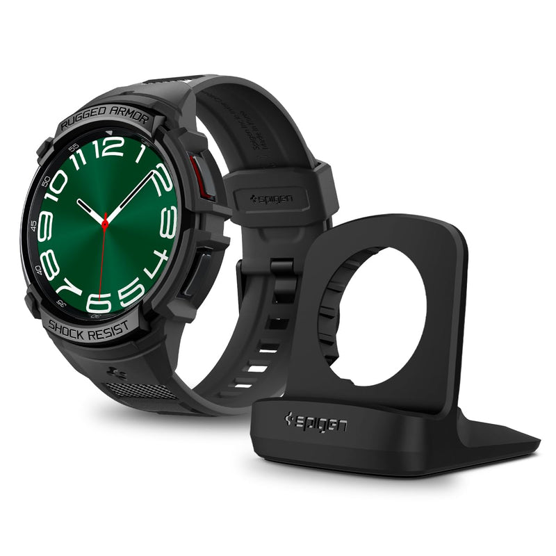 Spigen Rugged Armor Pro Case with Band and S353 Charger Stand Designed for Samsung Galaxy Watch 6 Classic 47mm - Black