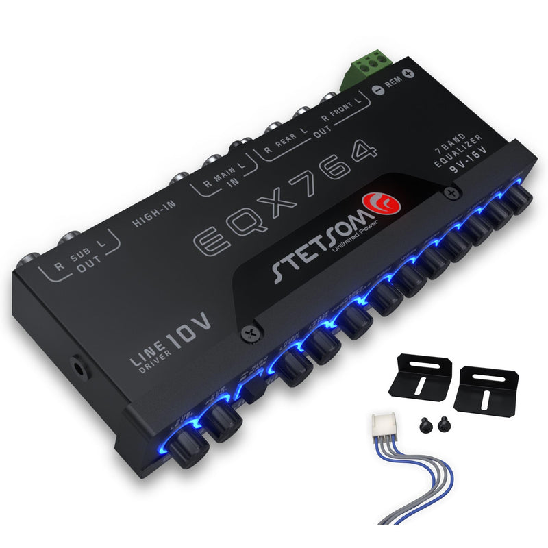 Stetsom EQX764 Graphic Equalizer 7 Band Equalization with 4 Input and 6 Output Channels, Input Channel Selection Switch (MAIN or HIGH), Level Controls for Each Input (MAIN or HIGH), Modern Blue LED