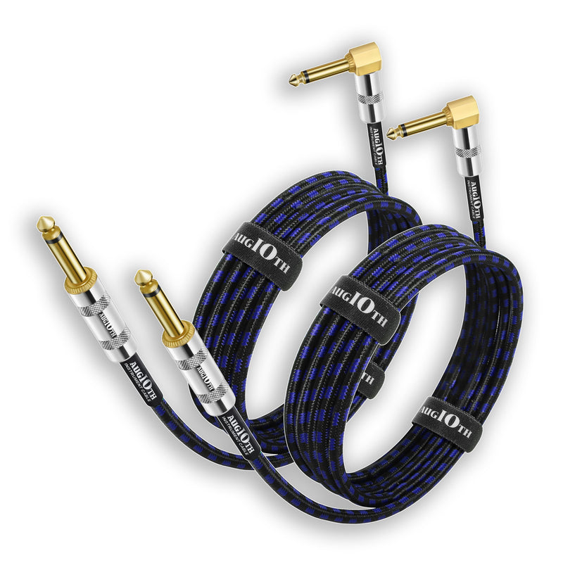 Guitar Cable 6 ft 2 Pack, Electric Instrument Bass Cable AMP Cord 1/4 Straight to Angled Dark Blue Tweed 6ft Straight Angled Blue Braided