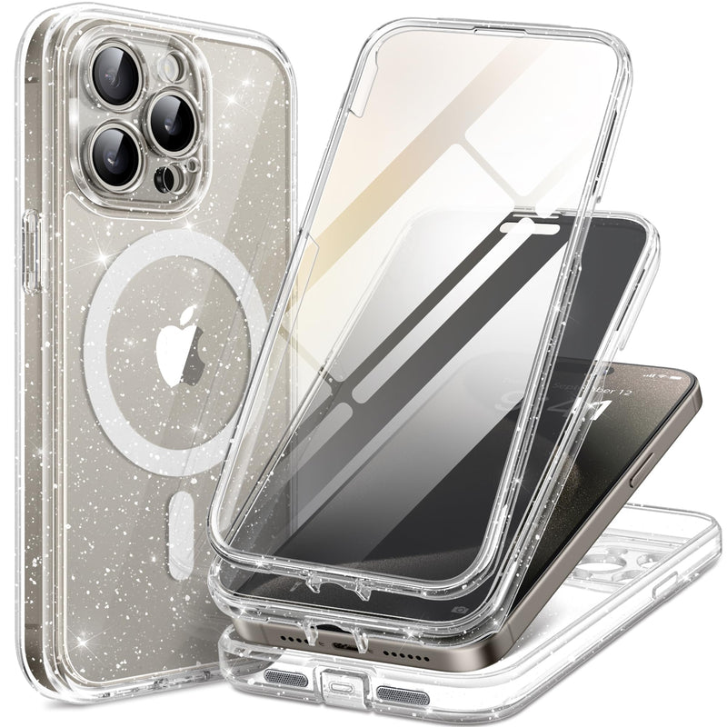 Magnetic for iPhone 15 Pro Max Case, [Dustproof Design] Compatible with MagSafe, Built-in 9H Tempered Glass Screen Protector + Privacy Screen Protector & Upgraded Camera Protection,Shiny Clear Shiny Clear iPhone 15 Pro Max 6.7 inch