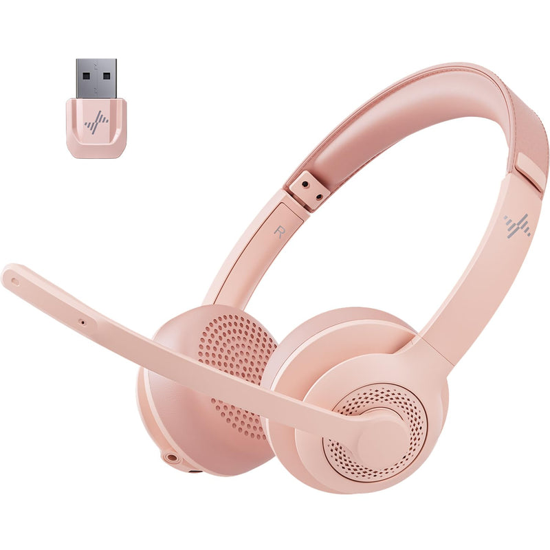 Wireless Headset with AI Noise Cancelling Microphone Bluetooth Headset - Bluetooth V5.2 Headphones with USB Dongle & Mic Mute for Computer/Laptop/PC/iPhone/Android/Cell Phones/Zoom/Ms Teams/Skype-PINK Pink
