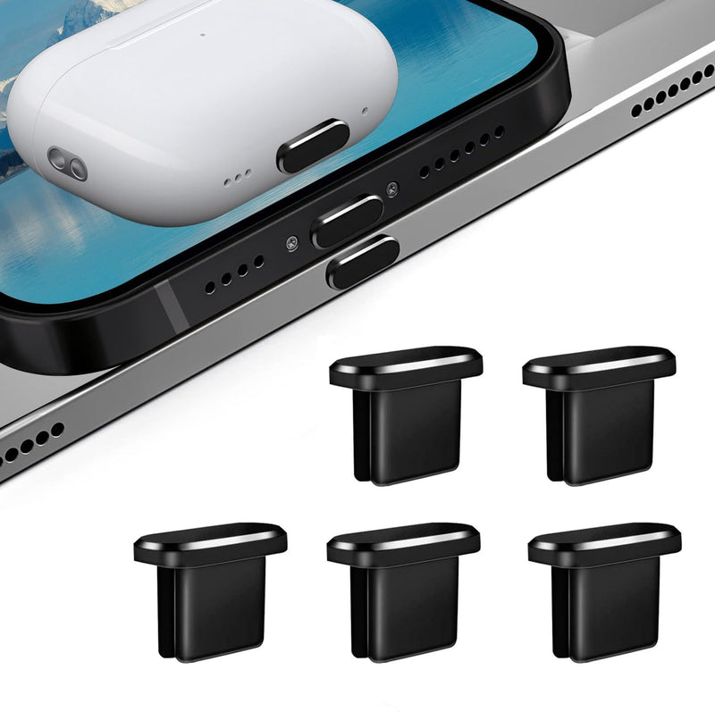 Designed for iPhone 15 Pro Max Plus USB-C Anti Dust Plugs Metal C Charging Port Cover Caps Protectors (5 Pack, Black)