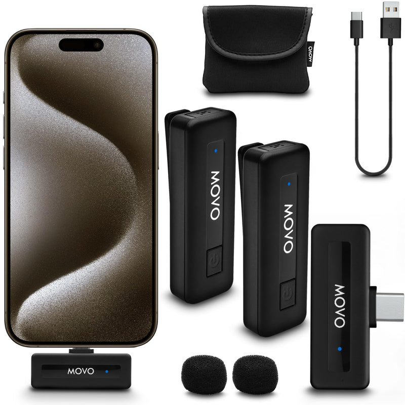 [AUSTRALIA] - Movo Mini USB-C Duo Wireless Microphone for iPhone 15/16/17 and up - Ultracompact Microphone for iPhone 15/16/17 with Clip on Wireless Lavalier Mic 2 Transmitters 