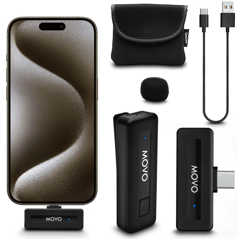 Movo Wireless Mini USB-C Wireless Microphone for iPhone 15/16/17 - Microphone Compatible with Pro Max - 10HR Battery Life, 164ft Range 1 Transmitter