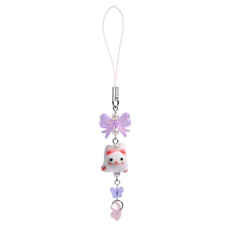 Cute Lazy Cat Phone Charm Bow Flower Fish Butterfly Beaded Aesthetic Keychain Charm Phone Charm Accessories pink