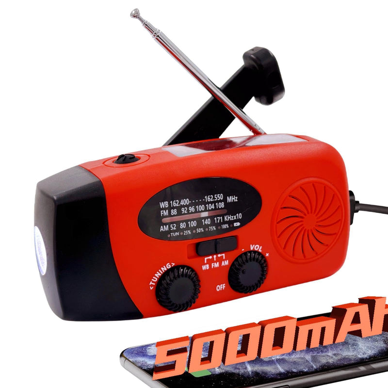 18500mWh/5000mAh Emergency Crank Weather Radio, iRonsnow NOAA/FM/AM Solar Radios, Portable Survival Radio with SOS, Earphone Jack, 1W 4 Modes LED Flashlight, Cell Phone Charger for Camping Hiking 5000mAh Red