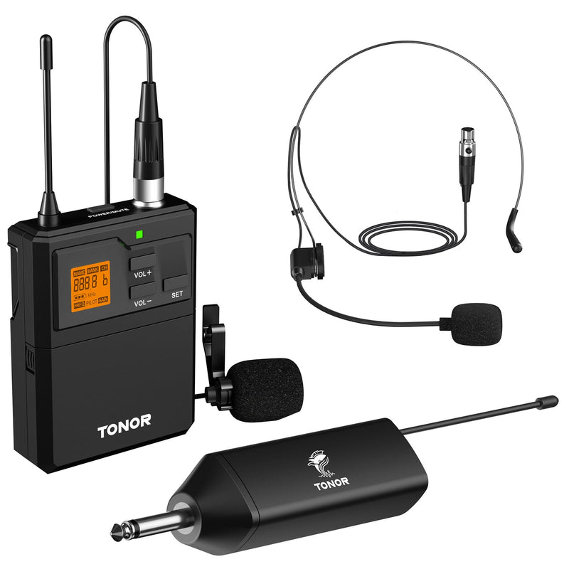 TONOR UHF Wireless Microphone System with Headset Mic/Lavalier Lapel Mic, Bodypack Transmitter, Rechargeable Receiver, 15 Channels 200ft Range 1/4" Output for Recording Live Performance PA Speaker 1 Pack