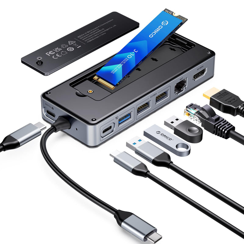 ORICO USB-C Hub with M.2 SSD Enclosure, 8-in-1 USB C Docking Station Fits M.2 NVMe/SATA SSD, 10Gbps, 4K@60Hz HDMI, 100W PD, Ethernet - OM28PR with RJ45
