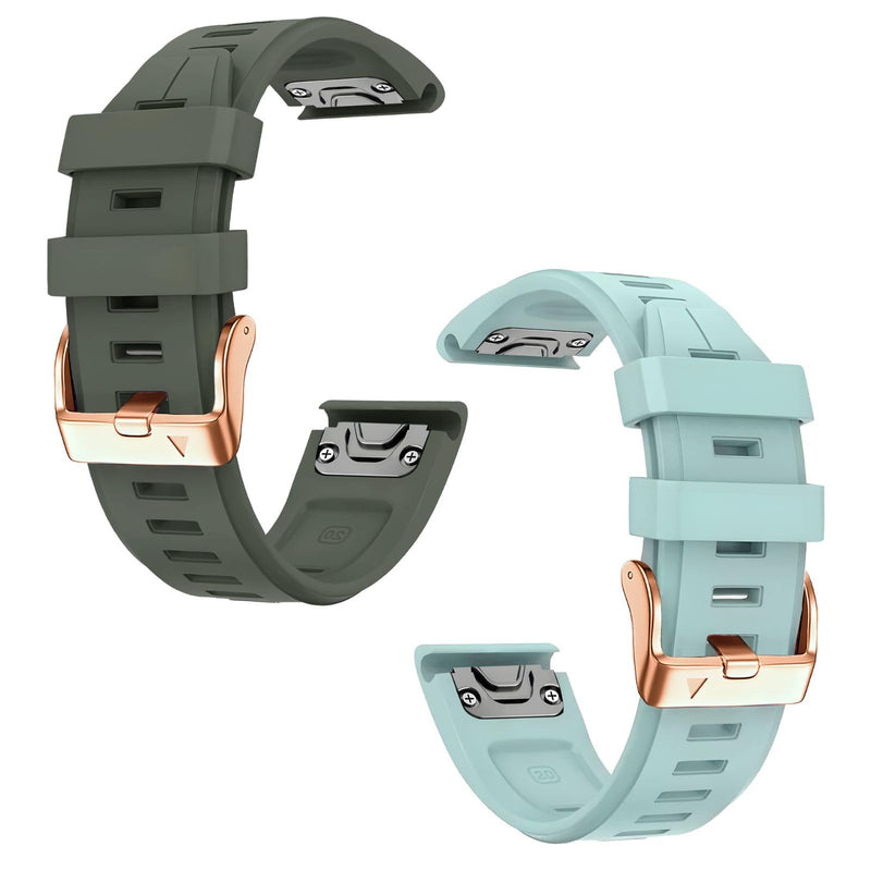 20mm Watch Band Replacement for Garmin fenix 5S/5S Plus/6S/7S/Instinct 2S/D2，Quick Fit silicone with rosegold buckle, ARMYGREEN and SEAFOAM Bundle