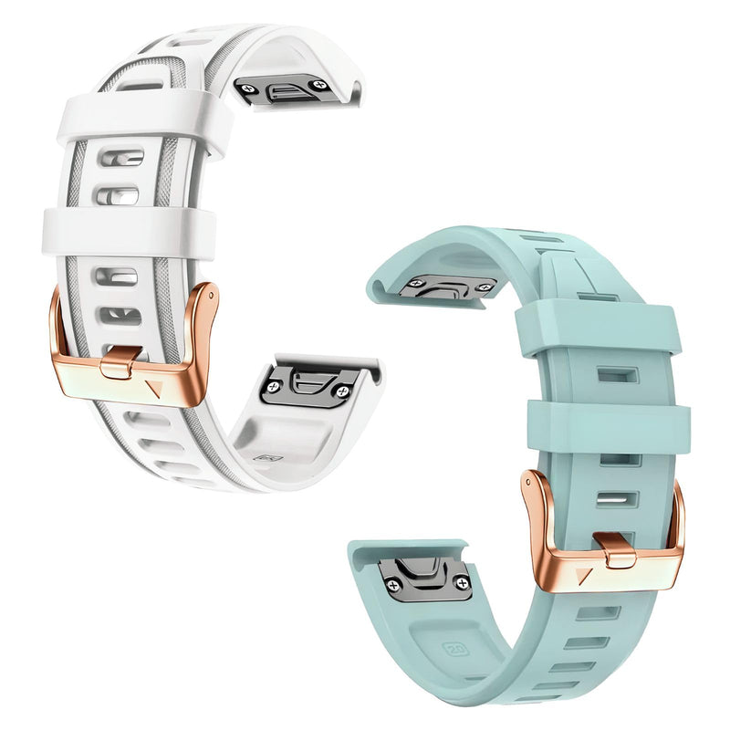 20mm Watch Band Replacement for Garmin fenix 5S/5S Plus/6S/7S/Instinct 2S/D2，Quick Fit silicone with rosegold buckle, WHITE and SEAFOAM Bundle