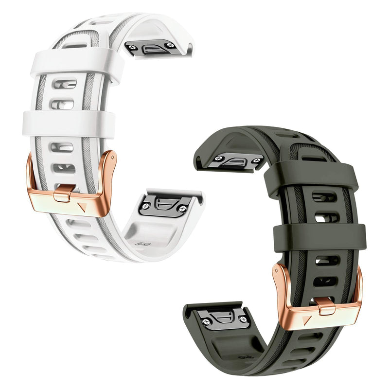 20mm Watch Band Replacement for Garmin fenix 5S/5S Plus/6S/7S/Instinct 2S/D2，Quick Fit silicone with rosegold buckle, WHITE and ARMYGREEN Bundle