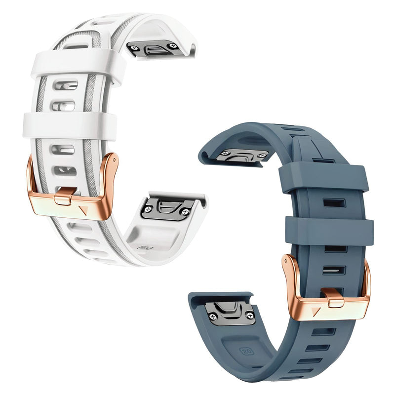 20mm Watch Band Replacement for Garmin fenix 5S/5S Plus/6S/7S/Instinct 2S/D2，Quick Fit silicone with rosegold buckle, WHITE and CAPTAINBLUE Bundle