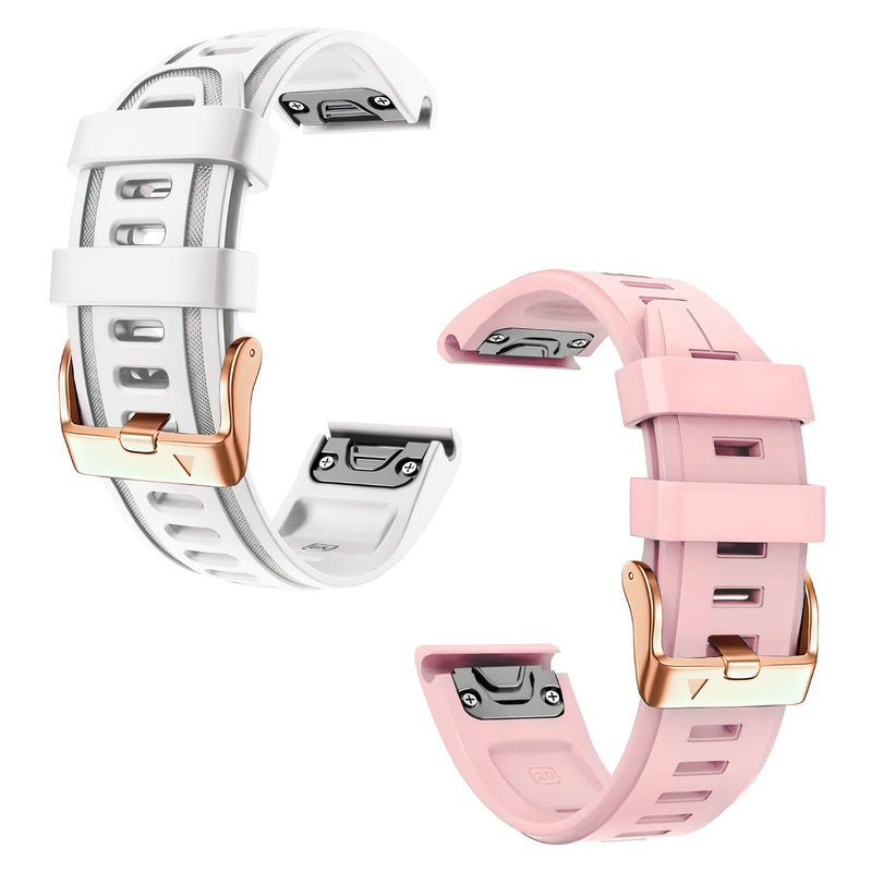 20mm Watch Band Replacement for Garmin fenix 5S/5S Plus/6S/7S/Instinct 2S/D2，Quick Fit silicone with rosegold buckle, WHITE and PINK Bundle