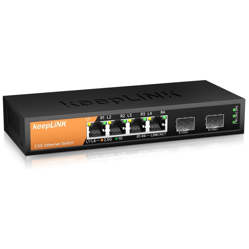 6-Port 2.5G Switch Unmanaged, 4 x 2.5GBASE-T Ports & 2 x 10GBASE-T SFP Slots, 60Gbps Switching Capacity, Plug & Play/Wall Mountable/Fanless Metal, Compatible with 1000Mbps Devices 6 Port 2.5G Unmanaged
