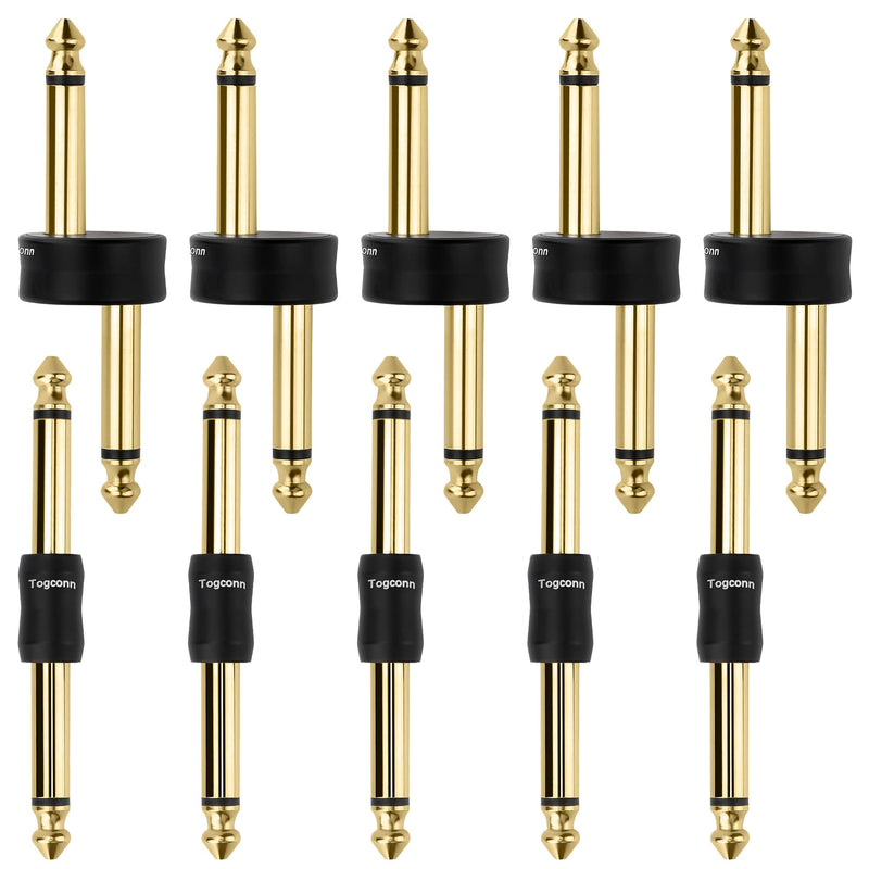 Gold-Plated Guitar Pedal Effects Patch Connector Coupler 10 Pack，6.35mm to 6.35mm Adapter, Angle 1/4 Quarter Inch TS Mono Male to Male Jack Plug, Audio Converter Premium Quality Series