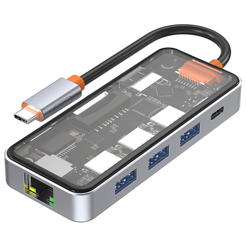 DroiX NT8 Clear USB Hub with Ultra-Fast RJ45 Gigabit Ethernet, 4K HDMI 2.0 Output, Rapid 100W PD Charging, Versatile 3X USB Type-A 3.0 Ports, Dual Micro/SD Card Readers, Sleek Design.