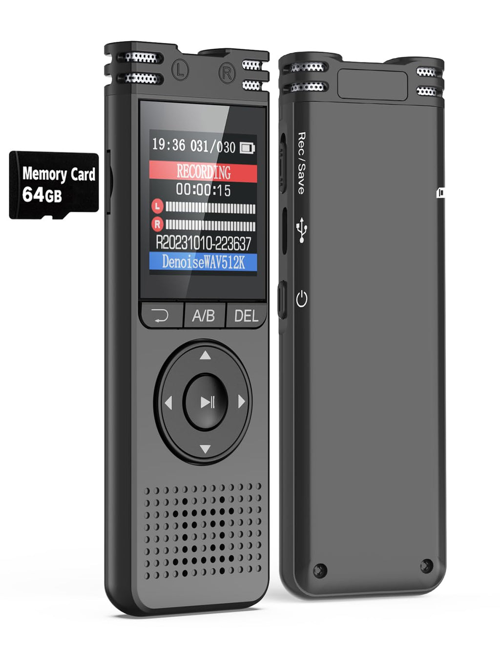 64GB Digital Voice Recorder with Playback Voice Activated Tape Recorder for Lectures Meetings, 1536Kbps Sound Audio Recorder Dictaphone Recording Device with Recording Monitoring, Line-in, Password 64GB Black