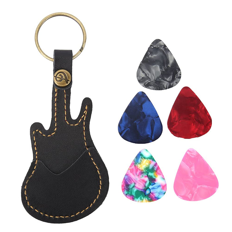 Leather Guitar Picks Case Guitar Pick Holder Guitar Plectrums Bag Guitar Pick Keychain Holder Guitar Pick Storage Bag Brass Guitar Pick Accessories with 5PCS Guitar Picks (Black) Black