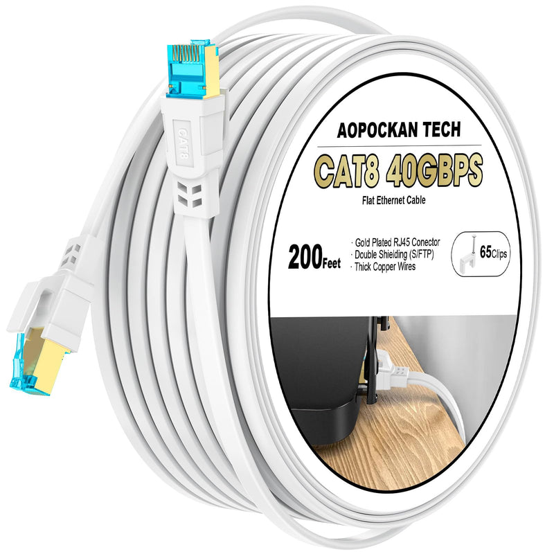 Cat 8 Ethernet Cable 200 FT, Heavy Duty High Speed 40Gbps 2000Mhz Internet Network Patch Cord, RJ45 Shielded Flat LAN Cable, Outdoor&Indoor Weatherproof S/FTP UV Resistant for Gaming, Router, Modem CAT8-200FT White