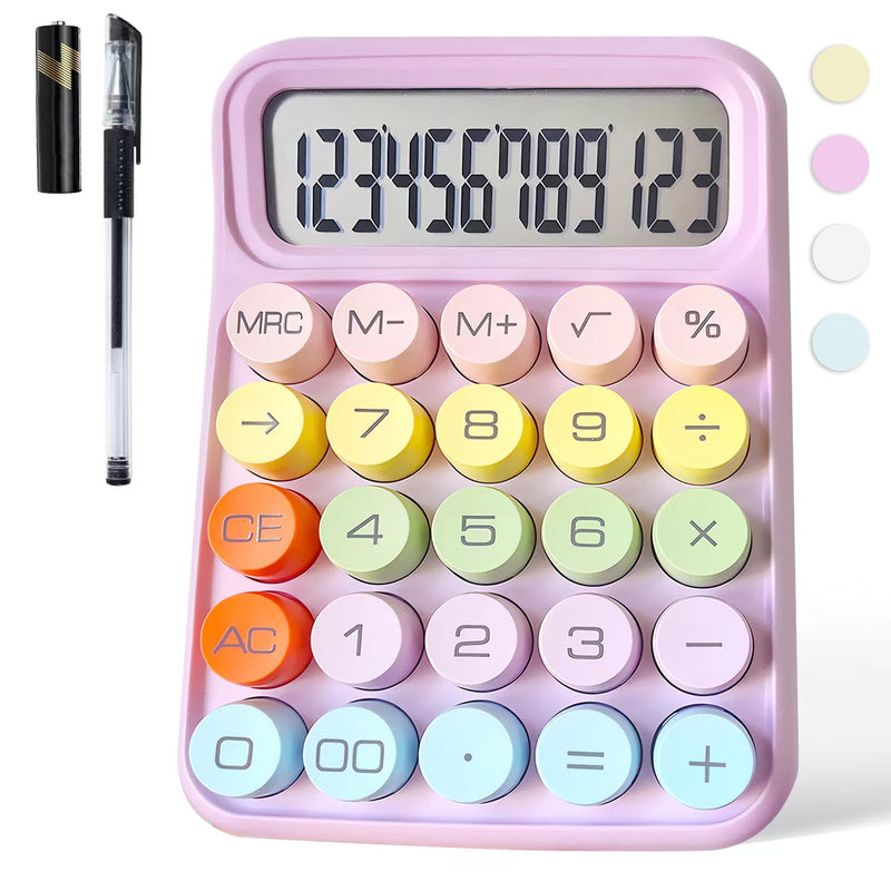 [AUSTRALIA] - Mechanical Calculator,Pink Calculator Cute 12 Digit Large LCD Display Big Round Button Calculator Use as Office Calculators Desktop 15°Tilt Screen for Kids Calculator(Pink Purple) Pink Purple 