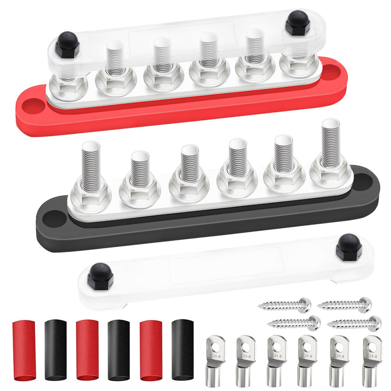 250A Bus Bar 12V Marine 6 x 5/16" (M8) Terminal Studs 12V-48V Power Distribution Block with Cover,with 6PCS Battery Lugs and 6PCS Heat Shrink Tubing Busbar for Boat Automotive Car 250A 6 x 5/16" (M8)