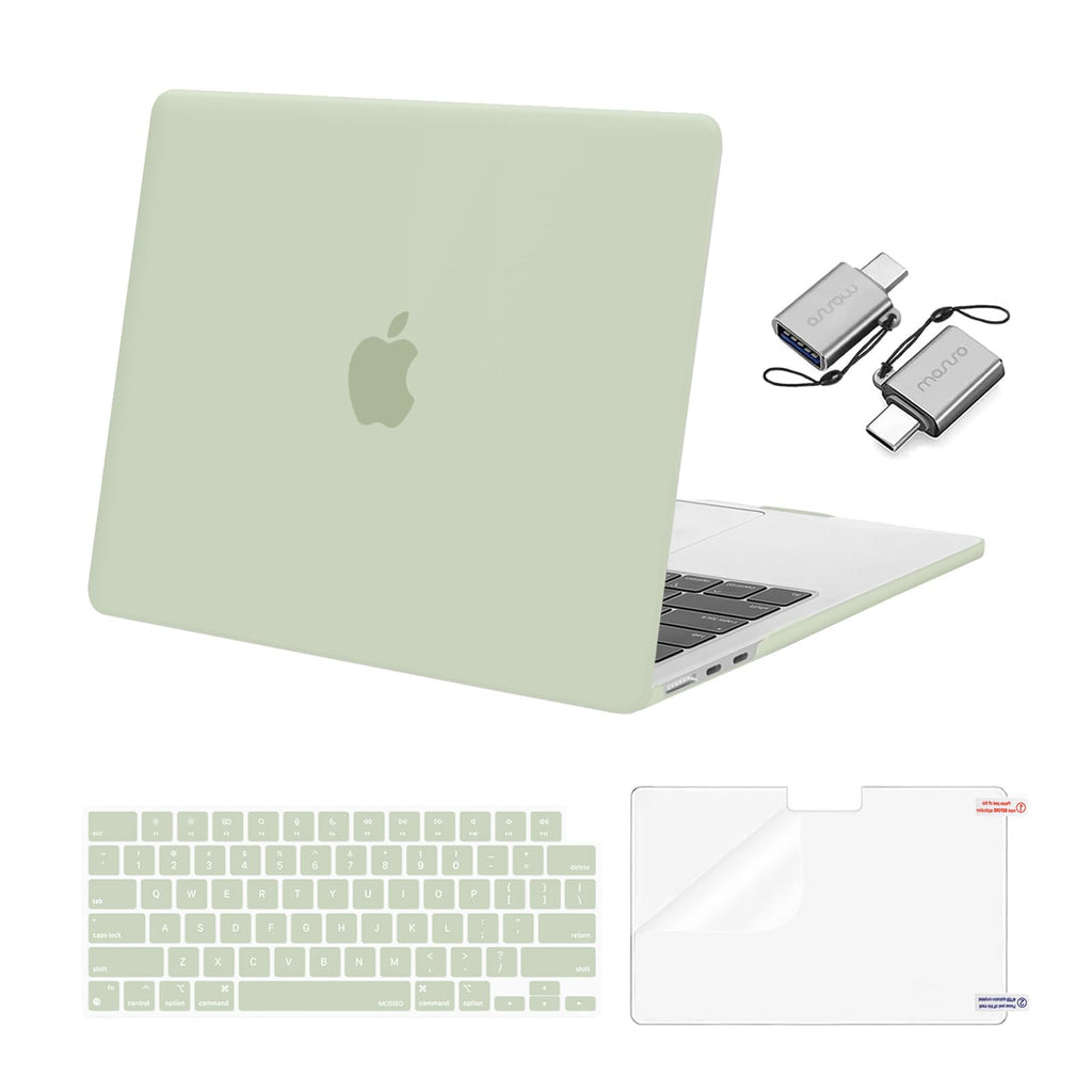 MOSISO Compatible with MacBook Air 13.6 inch Case 2022 2023 2024 Release M3 A3113 M2 A2681 with Touch ID, Plastic Hard Shell Case&Keyboard Cover&Screen Protector&Type C Adapter 2 Pack, Sage Green