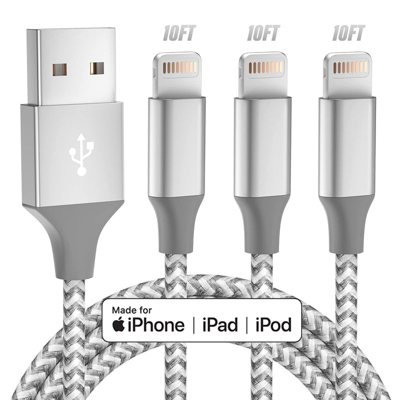 [AUSTRALIA] - iPhone Charger 3pack 10FT Apple MFi Certified Long Lightning Cable Fast Charging High Speed Data Sync USB Cable Compatible iPhone 14 13/12/11 Pro Max/XS MAX/XR/XS/X/8/7/Plus/6S (Grey White) Grey White 