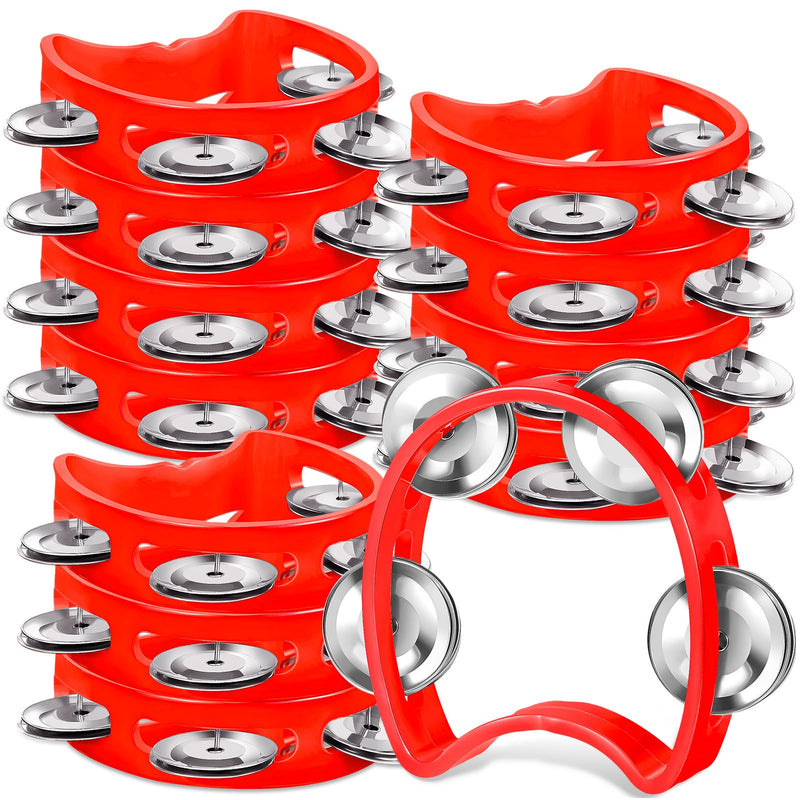 12 Pcs Plastic Percussion Tambourine with 4 Bells Rhythm Musical Instruments for Adults Hand Tambourine Hand Held Percussion Drum for Party Kindergarten Family School Supplies (Red) Red