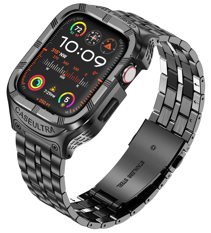 Stainless Steel Case and Band Compatible for Apple Watch Ultra 2 Band/Apple Watch Ultra Band 49mm 45mm 44mm 42mm,Rugged Metal iWatch Ultra/Ultra 2 Case with Strap for Men Black