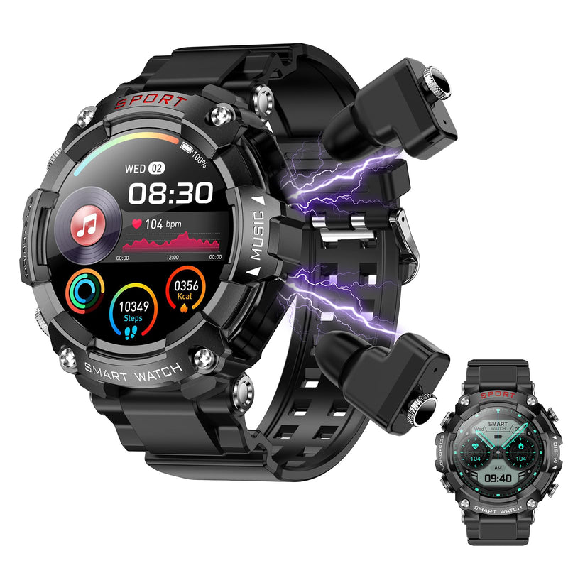 Smart Watch with Earbuds, for iOS Android Phone,3 in 1 Round Fitness Tracker, 1.52 Inch Full Touch Screen, Answer/Make Calls, for Men and Women, Sleep Monitor, Motion Long Standby, Music Player