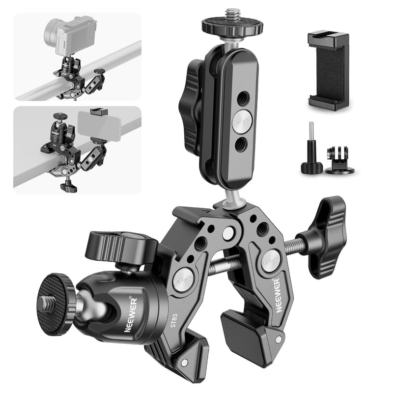 NEEWER Super Clamp with 3" Dual Ballhead Magic Arm, Ball Head Adapter, Cold Shoe, Phone Holder, Action Camera Clamp Mount for Flat/Round Surface Compatible with GoPro DJI iPhone 15 Pro Max, ST85
