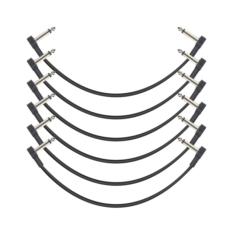 12 Inch Guitar Patch Cables 6 Pack, 1/4" TS Right Angle Effect Pedal Flat Cables, Black 12 Inch Black-12 in-6 Pack