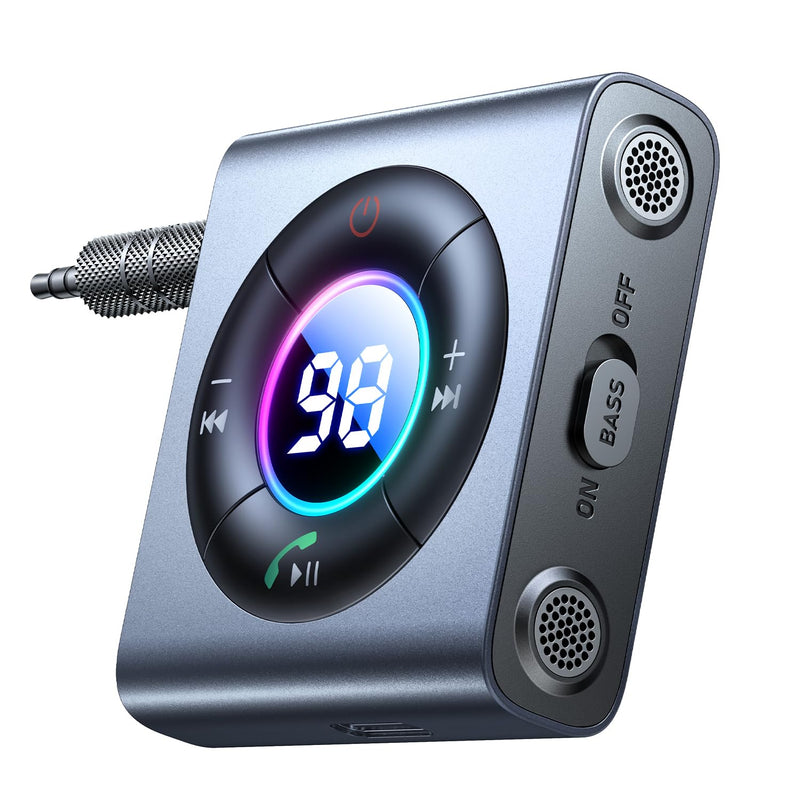 JOYROOM AUX Bluetooth 5.4 Car Adapter [Dual Mics& HiFi Deep Bass Sound] [Noise Cancelling& Battery Life Display] Bluetooth Receiver for Music/Hands-Free Calling, 26H Battery Life, 2024 Upgrade, Metal Dark Gray