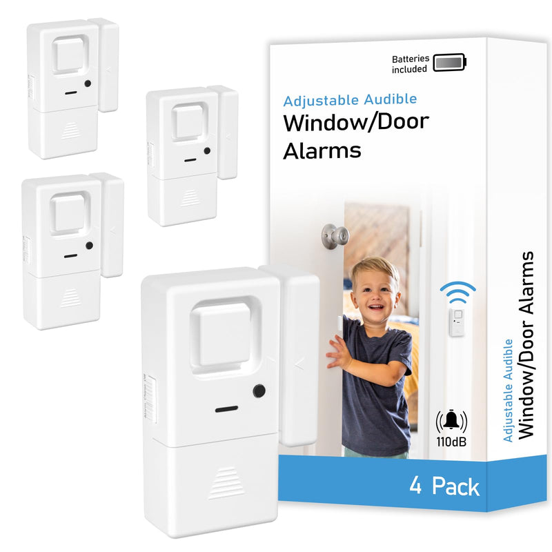 Door Window Alarms - 4 Pack - Adjustable Volume, Chime/Alarm, Wireless, Door Window Alarm Sensor for Home Security, Kids Safety, Door Open Alert Security Alarm for Home, Apartment and more, by Rosmila