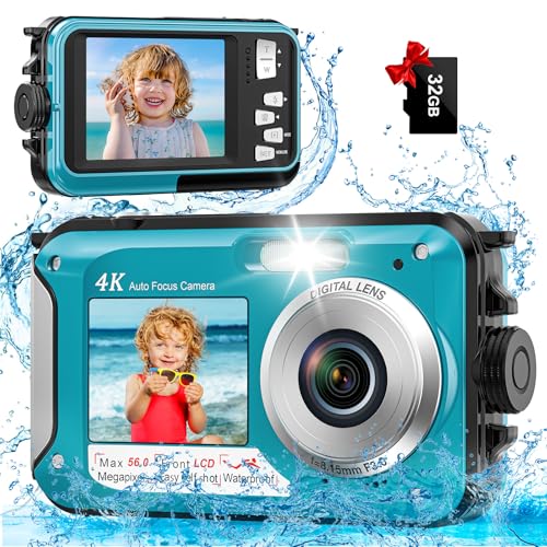 4K Underwater Camera 16FT Waterproof Autofocus Dual-Screen 32GB Card