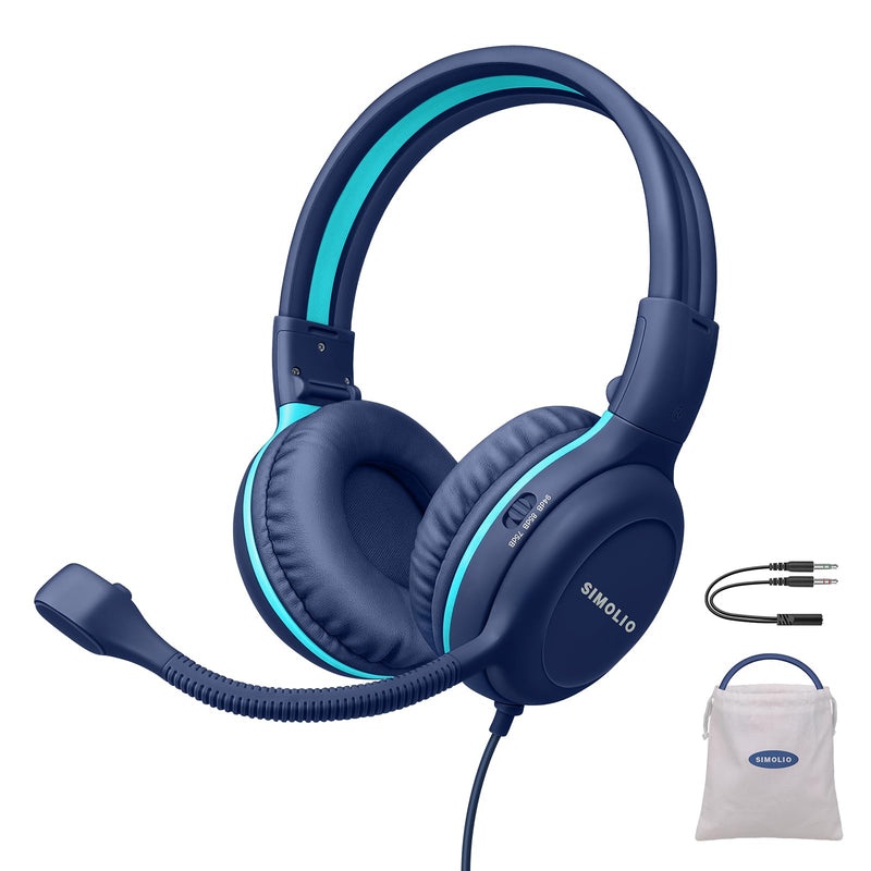 SIMOLIO Wired Headphones for School with Microphone, Stereo Kids Headphone with Flexible Swivel Boom Mic for Student K12 & Teacher & E-Learning, 3 Levels Volume Limiter Gaming Headsets for Boys, Girls Blue