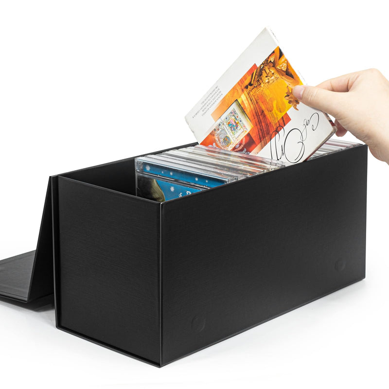 CD Storage Box, DVD Storage Box- Durable 5.2 x 5.75 x 12 Inch Disc Holders with Lids, Store up to 30 CDs- Black 1 PACK