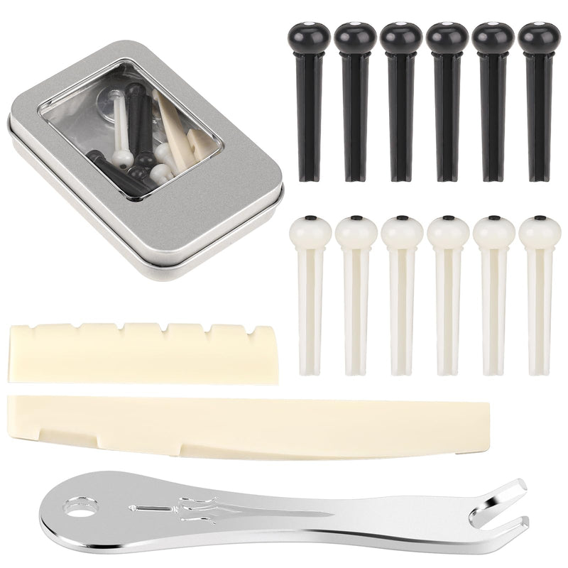 12 Pieces Guitar String Pegs Replacement Parts Acoustic Guitar Bridge Pins with 2 Pcs Guitar Bridge Saddle Nut and Bridge Pin Puller Remover Kits Tools