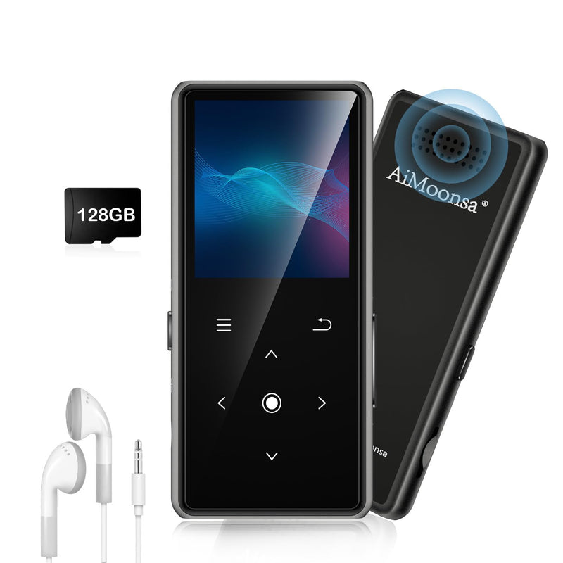 128GB MP3 Player with Bluetooth 5.2, AiMoonsa Music Player with Built-in HD Speaker, FM Radio, Voice Recorder, HiFi Sound, E-Book Function, Earphones Included (Black 128G) Black 128G