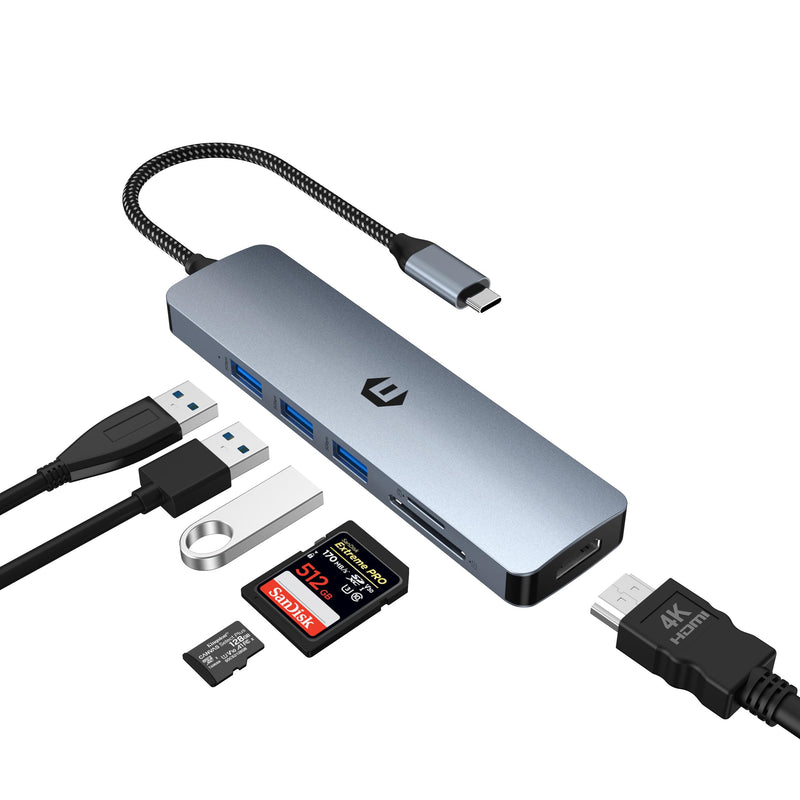 USB C Hub, 6 in 1 USB C Adapter for Mac Pro/Air, USB 3.0 5Gbps Speedy Docking Hub for Dell,Surface,HP,Lenovo and Other Type C Devices (4K HDMI,USB A 3.0,SD/TF)