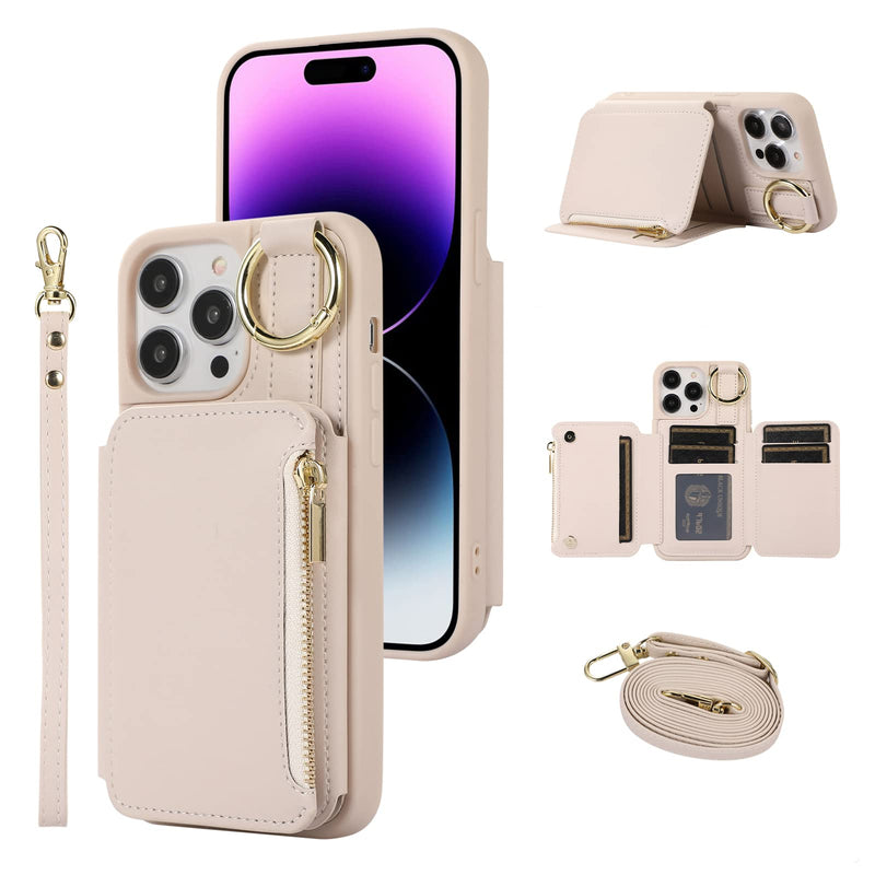 [AUSTRALIA] - for iPhone 15 Pro Wallet Case Crossbody, RFID Blocking Leather Card Holder Phone Zipper Purse Cases with Shoulder Wrist Straps Women for Apple iPhone 15 Pro 6.1 inch Beige iPhone 15 Pro (6.1 Inch, 3 Lens) 