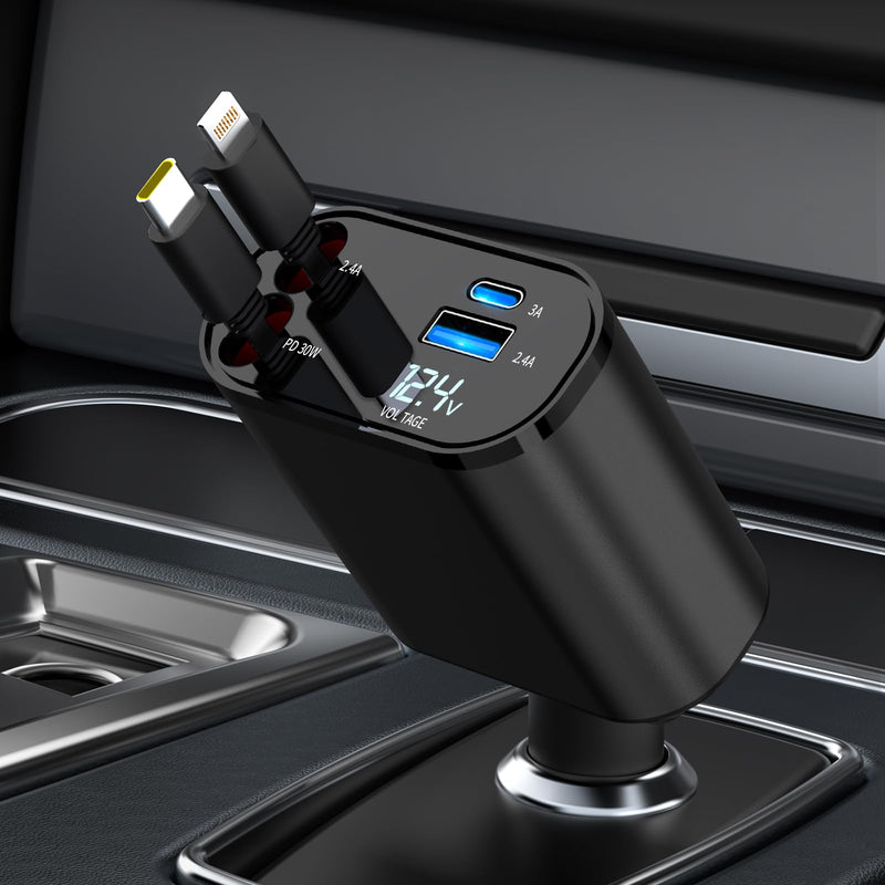 Retractable Car Charger, 4 in 1 Fast Charging Car Charger 60W, Retractable Cable and 2 USB Ports Car Charger Adapter Compatible with iPhone 15 14 13 12 11 Pro Max, Galaxy S23, Pixel Car Charger Type C+Lightning-CL B