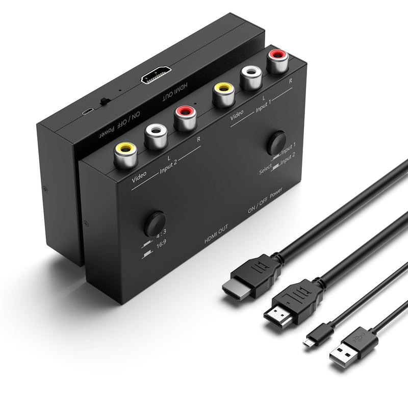 2 AV to HDMI Converter, 1080P/720P 2 Port RCA Composite CVBS AV Switch to HDMI Converter Adapter Support 4:3/16:9 Switching, for TV PC PS2 PS3 N64 NGC SNES WII VHS VCR Camera DVD-Black 2AV to HDMI Converter