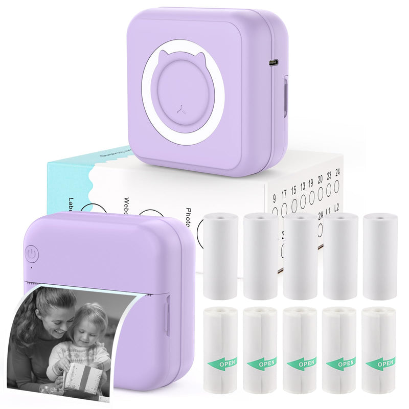 Mini Sticker Printer - Mini Pocket Printer for iPhone Thermal Printer with 10 Rolls Thermal Paper for Journal, Memo, Photo, Purple