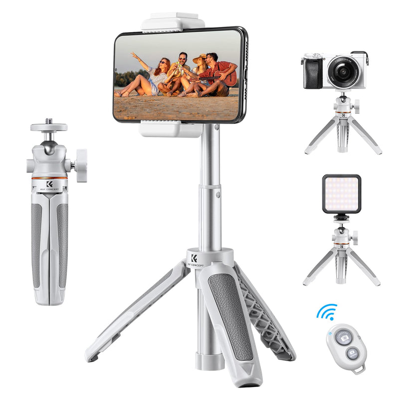 K&F Concept Selfie Stick Tripod, 360 Degree Rotation Mini Phone Stand with Ball Head and Cold Shoe Mount, Cellphone Holder with Wireless Remote for Smartphone White