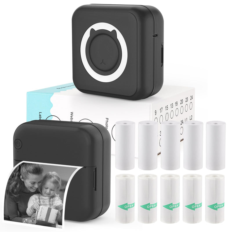 Mini Sticker Printer - Mini Pocket Printer for iPhone Thermal Printer with 10 Rolls Thermal Paper for Journal, Memo, Photo, Black