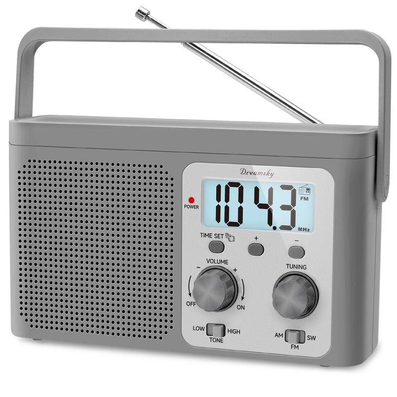 DreamSky AM FM Radio Portable - Shortwave Radio Battery Powered or Plug in Wall for Home Outdoor, Strong Reception, Large Dial Easy to Use, Digital Time Display, Transistor Antenna, Seniors Small Gift Grey