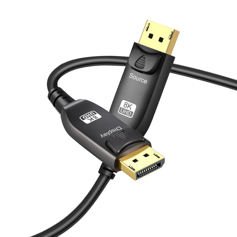 8K Fiber Optic DisplayPort Cable 50ft/15m with Secure Locking Latch | 8K@60Hz 4K@144Hz HBR3 32.4Gbps, Slim Flexible Long DP 1.4 Cord for PC, Gaming Monitor, Graphics Card, TV & Laptop 50 Feet DisplayPort Cable 1.4
