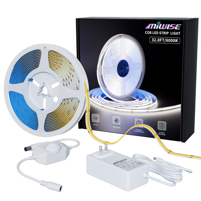 [AUSTRALIA] - MIWISE COB LED Strip Light 32.8ft/10m,CRI 90+ Daylight White 6000K High Lumen Dimmable Super Bright Flexible DC24V LED Tape Light with Controller/Dimmer,for Cabinet Home Office DIY Lighting Projects 32.8 ft 